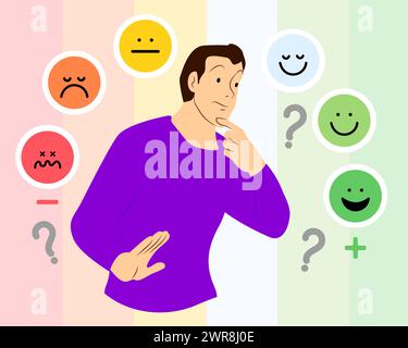Faire un choix, concept de décision. Homme d'affaires perplexe. Questionne l'employé sur l'ensemble des options Emoji. Illustration vectorielle plate. Illustration de Vecteur