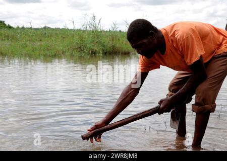 Un homme est vu nettoyer sa houe après avoir planté des arbres sur les rives de la rivière Bua dans le district de Kasungu. Il existe de nombreux programmes de boisement dans tout le pays. Malawi. Banque D'Images