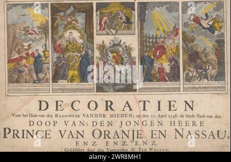 Décorations sur la maison du conseiller Van der Mieden le jour du baptême de Guillaume V, décorations pour la maison du conseiller Van der Mieden, le 11 avril 1748: la joyeuse célébration du baptême du jeune Seigneur Prince d'Orange Nassau, etc. etc. etc. etc. (titre sur objet), imprimeur : Isaac Lodewijk la Fargue van Nieuwland, après dessin par : Mattheus Terwesten, éditeur : Pieter Gerard van Balen, Amsterdam, 1748, papier, gravure, gravure, hauteur 169 mm × largeur 379 mm, impression Banque D'Images