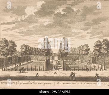 Vue sur les jardins d'Oostervecht, Oostervegts vue de la maison après dos / Oostervegt Veue de la maison vers derriere (titre sur l'objet), imprimeur : Daniël Stopendaal, éditeur : weduwe Nicolaes Visscher (II), 1719, papier, gravure, hauteur 158 mm × largeur 204 mm, tirage Banque D'Images