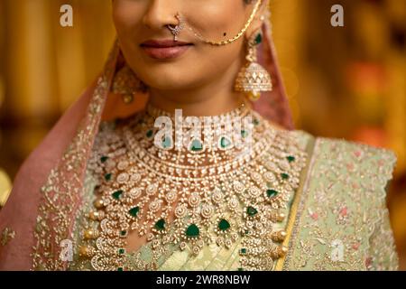 Jeune femme indienne en tenue traditionnelle et bijoux tenant la main Banque D'Images