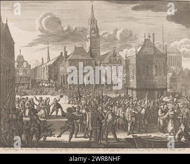 Modification d'Amsterdam, le 26 mai 1578, illustration de la façon dont le magistrat et la santé mentale de la ville d'Amsterdam ont été déportés et amenés à bord du navire le 26 mai. 1578 (titre sur objet), modification d'Amsterdam, 26 mai 1578. Le conseil municipal à l'esprit espagnol et le clergé romain sont forcés de partir ; ils embarquent à bord des bateaux en attente sur le quai de la place du Dam., imprimeur : Jan Luyken, après sa propre conception par : Jan Luyken, éditeur : Andries van Damme, Amsterdam, 1726, papier, gravure, gravure, hauteur 272 mm × largeur 345 mm, impression Banque D'Images