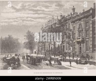 Vue hivernale du virage dans le Herengracht à Amsterdam, le virage du Heerengracht à Amsterdam (titre sur objet), imprimeur : Emil Ost, après conception par : Cornelis Springer, 1856 - c. 1946, papier, gravure sur bois, typographie, hauteur 329 mm × largeur 499 mm, impression Banque D'Images