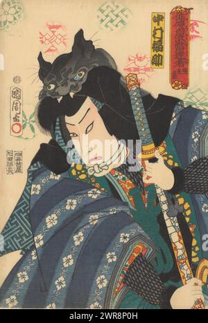 Akatsuki Hoshigorô avec une casquette de chauve-souris, le bandit Akatsuki Hoshigorô (ici joué par l'acteur kabuki Nakamura Fukusuke I) avec les deux mains sur une épée et une casquette de chauve-souris sur la tête., imprimeur : Toyohara Kunichika, Katada Chôjirô, Japon, mai-1864, papier, gravure sur bois couleur, hauteur 360 mm × largeur 247 mm, impression Banque D'Images