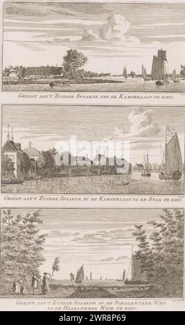 Vues du Zuider Spaarne, vue du 't Zuider Spaarne, vue du Kamperlaan / vue du 't Zuider Spaarne, vue du Kamperlaan après la ville / vue du 't Zuider Spaarne sur le Schalkwyker Weg après le Haarlemmer Meir en See (titre sur l'objet), visages dans le divertissant landsdouwen de Haarlem (titre de la série), trois représentations. Ci-dessus : vue sur le Zuider Spaarne depuis le Kamperlaan. Milieu : vue sur le Zuider Spaarne depuis le Kamperlaan vers la ville. Ci-dessous : vue du Zuider Spaarne depuis le Schalkwijkerweg., imprimeur : Cornelis van Noorde Banque D'Images