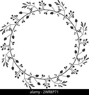 cadre rond de vecteur avec des bourgeons et des feuilles isolés sur fond blanc. couronne florale mignonne rétro noire pour les designs de printemps, les invitations de mariage et la naissance Illustration de Vecteur