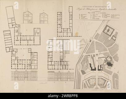 Design du Palais Royal à Bruxelles, concours d'architecture, projet de Palais pour sa Majesté à Bruxelles (titre sur objet), Design du Palais Royal à Bruxelles avec plans d'étage, dessins de façades, sections et aménagement de jardins. Programme collé à gauche., imprimeur : anonyme, 1775 - 1825, papier, gravure, hauteur 330 mm × largeur 438 mm, impression Banque D'Images