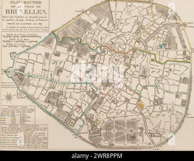 Carte de Bruxelles, Plan-routier de la ville de Bruxelles, divisé par cantons ou Arrondissemens de juges de paix, sections et paroisses (titre sur objet), imprimeur : anonyme, après conception de : G. Jacowick, imprimeur : Adolphe Stapleaux, Bruxelles, 1817, papier, gravure, hauteur 335 mm × largeur 435 mm, impression Banque D'Images