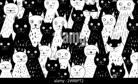 Ensemble de dessins animés de chats de doodle mignons dessinés à la main. Fond de griffonnages de chat noir et blanc. Illustration de Vecteur