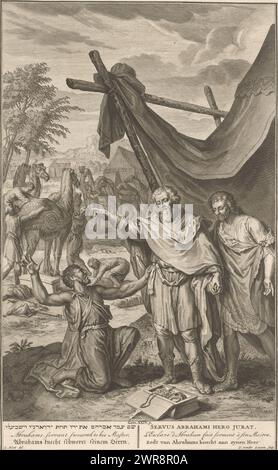 Eliezer promet qu'il trouvera une épouse pour Isaac, Eliezer, le serviteur d'Abraham, jure serment et promet qu'il trouvera une épouse pour Isaac (Gen. 24:9). En arrière-plan, d'autres serviteurs préparent des chameaux pour le voyage. L'imprimé a des légendes en hébreu, latin, français, anglais, allemand et néerlandais., imprimeur : Gilliam van der Gouwen, après dessin par : Gerard Hoet (I), éditeur : Bernard Picart, (possiblement), Amsterdam, 1720 - 1728, papier, gravure, gravure, hauteur 350 mm × largeur 218 mm, impression Banque D'Images