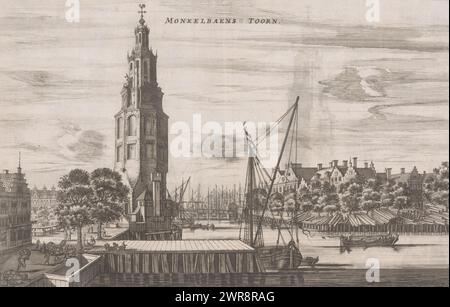 Vue du Montelbaanstoren à Amsterdam, Monkelbaens colère (titre sur objet), vue du Montelbaanstoren sur les Oudeschans à Amsterdam. Vu vers l'IJ avec le Binnenkant à gauche en arrière-plan et la clôture gravée à droite., imprimeur : Jacob van meurs, éditeur : Jacob van meurs, éditeur : Joachim Nosche, Amsterdam, 1663, papier, gravure, gravure, hauteur 186 mm × largeur 288 mm, impression Banque D'Images