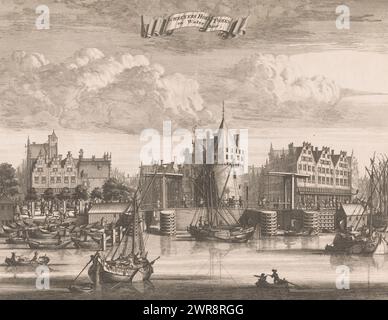 Vue du Schreierstoren à Amsterdam, tour Schreyers Hoek et voie navigable (titre sur l'objet), Het Kamperhoofd vu de l'IJ au Schreierstoren avec les ponts sur Oudezijds Kolk et Geldersekade., imprimeur : anonyme, éditeur : Abraham Wolfgang, éditeur : Various vervaardigers, Amsterdam, 1693, papier, gravure, gravure, hauteur 274 mm × largeur 349 mm, impression Banque D'Images