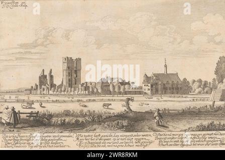 Vue des ruines de la huis ter Kleef à Haarlem, en dessous de l'estampe un couplet de 12 lignes., imprimeur : Jan van de Velde (II), après conception par : Pieter Jansz Saenredam, éditeur : Adriaen Roman (I), Haarlem, 1628, papier, gravure, hauteur 152 mm × largeur 231 mm, impression Banque D'Images