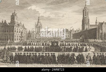 Cortège funéraire de Guillaume IV à Delft, 1752, exposition du cortège funéraire de son Altesse très sereine, le prince Willem IVden, sur le Groote Markt à Delft (titre sur objet), imprimeur : Simon Fokke, d'après son propre dessin par : Simon Fokke, éditeur : Frans Houttuyn, Amsterdam, 1752, papier, gravure, hauteur 187 mm × largeur 293 mm, impression Banque D'Images