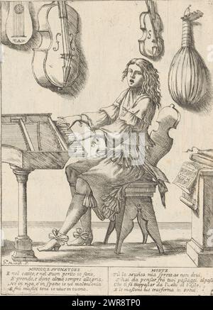 Le musicien, le Ventiquattr'Hore dell'humana felicità (titre de la série sur objet), les vingt-quatre heures du bonheur humain (titre de la série), Un jeune musicien (Musico e Suonatore) joue et chante assis derrière un clavecin. D'autres instruments de musique sont accrochés au mur : guitare, violoncelle, luth et violon. Avec deux versets de quatre lignes en italien. Numéroté en haut à droite : 13. Fait partie de la série 'les vingt-quatre heures du bonheur humain'., imprimeur : Giuseppe Maria Mitelli, après sa propre conception par : Giuseppe Maria Mitelli, 1675, papier, gravure, hauteur c. 275 mm × largeur c. 200 mm Banque D'Images