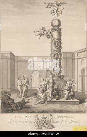 Immortal Heroes, 1787, les héros immortels (titre sur objet), allégorie sur la récupération du Stadtholder Guillaume V en 1787. Colonne d'honneur avec les portraits de Guillaume d'Orange, Frédéric-Henri et Guillaume III, au-dessus desquels est accroché le portrait de Guillaume V. Sur le dessus de la colonne, la renommée souffle la trompette. Au pied de la colonne, la vérité a tiré le bandeau des yeux de la République, ainsi que la liberté, Wilhelmine de Prusse comme Minerve et Père temps. Sur la gauche, le lion hollandais déchire la discorde. Dans la légende les armoiries d'Orange et de Prusse. Banque D'Images