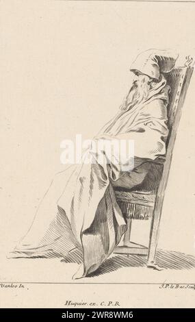 Figure assise, face à gauche, Collection de diverses poses dramatisées (titre de la série), Recueil de différentes charges Designée a Rome par Carloo Vanloo peintre du Roy (titre de la série sur objet), homme à longue barbe, coiffe et longue robe, assis dans une chaise, à gauche. Numéroté en haut à droite : 6. Fait partie d'une série de douze estampes avec des figures dans des poses dramatisées, souvent vêtues de costumes fantastiques 'orientaux', d'après des dessins de Carle van Loo, réalisés lors de son séjour à Rome (1728-1732)., imprimeur : Jacques-Philippe le Bas, d'après le dessin de : Carle van Loo, éditeur : Jacques Gabriel Huquier Banque D'Images