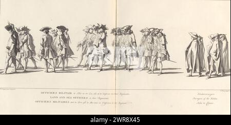 Poste funéraire de Guillaume IV, 1752, planche 13, officiers militaires sur terre et en mer, tous en uniforme de leurs régiments / préposés de cuisine (titre sur objet), Lyk-statue de son Altesse très Sérénissime le Lord Willem Carel Hendrik Friso, Prince d’Orange et de Nassau (...) Tenue le IV de février 1752 (titre de la série), officiers militaires et préposés à la cuisine. Dans la marge une légende en néerlandais, français et anglais. L'estampe fait partie d'un album., imprimeur : Jan Punt, après dessin par : Pieter Jan van Cuyck, éditeur : Pierre Gosse jr., la Haye, 1753 et/ou 1755, papier, gravure Banque D'Images