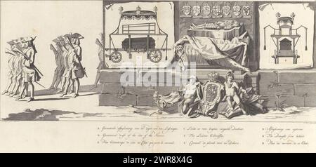 Station funéraire de Willem IV, 1752, planche 39, dessin géométrique du côté du Lykwagen / Loode et du Buyten Coffin doré (...) (Titre sur objet), Lyk-statue de son Altesse très sereine le Lord Willem Carel Hendrik Friso, Prince d’Orange et de Nassau (...) Tenu le IV de février 1752 (titre de la série), les derniers soldats dans le cortège funéraire. Sur un mur se trouvent des draps avec des représentations du corbillard et du cercueil, au premier plan deux garçons en deuil avec les armoiries du stadtholder. Dans la marge une légende en néerlandais, français et anglais. L'impression fait partie d'un album. Banque D'Images