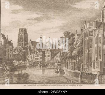 Vue de la Grote ou Sint-Laurenskerk et des Korenbeurs à Rotterdam, 1744, de Groote Kerk et Korenbeurs à Rotterdam, vue du Draaibrug (titre sur l'objet), vue de la Grote ou Sint-Laurenskerk et des Korenbeurs à Rotterdam, vue du pont tournant dans la situation vers 1744., imprimeur: Hendrik Spilman, après dessin par : Abraham de Haen (II), Haarlem, 1757 - 1792, papier, gravure, gravure, hauteur 184 mm × largeur 220 mm, impression Banque D'Images