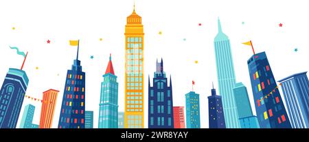 Fond horizontal de style comique pour la fête des enfants Super Hero avec la silhouette de la ville et les nuages. Illustration Metropolis Illustration de Vecteur