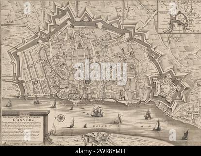 Plan d'Anvers, Plan de la ville et citadelle d'Anvers (...) (Titre sur l'objet), carte d'Anvers avec des bâtiments dans une vue d'oiseau. En bas à gauche un cartouche avec titre, légende 1-7 et bâton d'échelle : 140 Echelle Toise. En haut à droite un encart avec une carte de la région d'Anvers. A gauche de cette carte, un bâton d'échelle : Eschelle de 200 Toise., imprimeur : Jacobus Harrewijn, éditeur : Eugene Henry Fricx, Bruxelles, 1711 - 1712, papier, gravure, gravure, hauteur 392 mm × largeur 537 mm, impression Banque D'Images