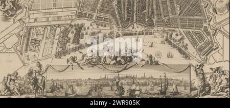 Carte d'Amsterdam avec paysage urbain (partie inférieure), Amsteldam (titre sur l'objet), partie inférieure d'une carte d'Amsterdam avec paysage urbain, composée de deux parties., imprimeur : anonyme, éditeur : Johannes de Ram, Johannes de Ram, Amsterdam, 1691 - 1693, papier, gravure, gravure, hauteur 411 mm × largeur 928 mm, impression Banque D'Images