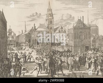 Modification d'Amsterdam, le 26 mai 1578, l'image de la façon dont le magistrat et la santé mentale de la ville d'Amsterdam a été déporté et amené à bord du navire le 26 mai. 1578 (titre sur objet), modification d'Amsterdam, 26 mai 1578. Le conseil municipal à l'esprit espagnol et le clergé romain sont forcés de partir ; ils embarquent à bord de bateaux d'attente sur le quai de la place du Dam., imprimeur : Jan Luyken, après sa propre conception par : Jan Luyken, Amsterdam, 1679 et/ou 1703, papier, gravure, hauteur 271 mm × largeur 344 mm, impression Banque D'Images