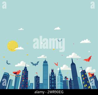 Fond horizontal de style comique de super héros avec silhouette de ville et nuages. Illustration de Vecteur