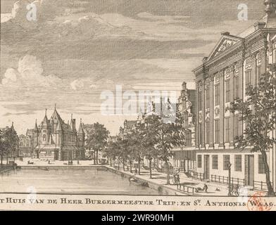 Vue sur le Kloveniersburgwal avec le Trippenhuis et le Waag sur le Nieuwmarkt, 't huis van Mayor Trip ; et fourni Anthonis Waag (titre sur l'objet), vue du Kloveniersburgwal, vue vers le Nieuwmarkt (Sint-Antoniesmarkt). Au premier plan à droite le Trippenhuis, au fond à gauche le Waag sur le Nieuwmarkt, également connu sous le nom de Sint-Antonieswaag., imprimeur : anonyme, éditeur : Nicolaas TEN Hoorn, (possiblement), éditeur : Erven J. Ratelband & Co, (possiblement), Amsterdam, 1713 - 1751, papier, gravure, gravure, hauteur 132 mm × largeur 173 mm Banque D'Images