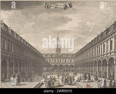 Vue sur la cour des Beurs van Hendrik de Keyser, de Beurs (titre sur l'objet), vue sur la cour des Beurs van Hendrik de Keyser, avec de nombreuses figures sur la place. Une banderole avec le titre en haut au milieu., imprimeur : anonyme, 1693 et/ou 1726, papier, gravure, gravure, hauteur 265 mm × largeur 345 mm, impression Banque D'Images