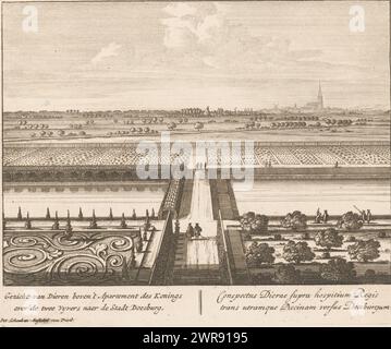 Vue sur les jardins de la Cour de Dieren, vue de Dieren au-dessus de l’appartement du roi (...) / Conspectus Dierae supra hospitium regis (...) (Titre sur l'objet), vue des jardins de la Cour de Dieren, vue des quartiers de Guillaume III d'Orange. Au loin la ville de Doesburg. Ci-dessous le titre en néerlandais et en latin., imprimeur : Pieter Schenk (I), éditeur : Pieter Schenk (I), Staten van Holland en West-Friesland, Amsterdam, c. 1700, papier, gravure, gravure, hauteur 170 mm × largeur 208 mm, impression Banque D'Images