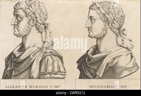 Bustes portraitistes des empereurs romains Severus Alexandre et Elagabale, imprimeur : anonyme, éditeur : Antonio Salamanca, (attribué à), Rome, 1510 - 1562, papier, gravure, hauteur 207 mm × largeur 325 mm, impression Banque D'Images
