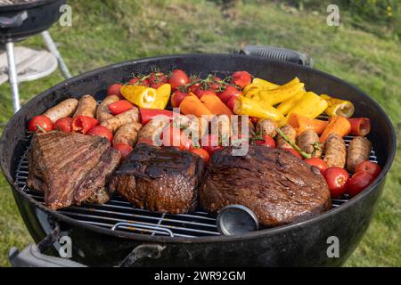 Griller des saucisses de viande et des légumes au charbon de bois à l'extérieur. Thermomètre dans la viande visible Banque D'Images