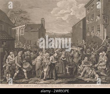 Troupes de l'armée en route pour affronter les Jacobites, Une représentation de la marche des gardes vers l'Écosse en l'an 1745 (titre sur objet), la marche des gardes vers Finchley, dans cette représentation fictive, les troupes anglaises ont convergé sur Tottenham court Road pour marcher vers Finchley dans le but de défendre Londres contre la rébellion jacobite de 1745, qui cherchait à restaurer Jacques II de la Maison écossaise de Stuart sur le trône. Les soldats sont ridiculisés pour leur manque de formation et de respect de la discipline. Texte en anglais dans la marge inférieure. Banque D'Images