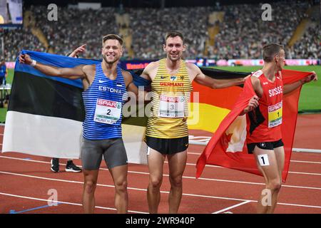 Janek Oiglane (est, bronze), Niklas Kaul (GER, OR), Simon Ehammer (SWI, argent). Dehatlhon. Championnats d'Europe d'athlétisme Munich 2022 Banque D'Images