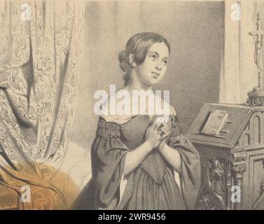 Femme agenouillée dans la prière, Une jeune femme agenouillée devant une chaire sur laquelle repose un livre de prières. La partie inférieure de l'impression est manquante., imprimeur : anonyme, après conception par : Willem Hendrik Schmidt, pays-Bas, 1846, papier, hauteur 217 mm × largeur 270 mm, impression Banque D'Images