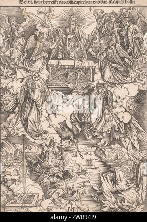 Soufflage des cinq premières trompettes, copies de l'Apocalypse de Dürer (titre de la série), après l'ouverture du septième sceau par l'Agneau, sept anges sont apparus, qui ont reçu des trompettes de Dieu à souffler. Le premier ange a fait descendre la grêle, le feu et le sang sur la terre, le second a fait tomber une montagne brûlante dans la mer, le troisième a fait que l'eau était empoisonnée en y versant une étoile brûlante, le quatrième a fait tomber le soleil, la lune et les étoiles doivent être partiellement assombries. et le cinquième ange lâcha une étoile dans une fosse sans fond. Un aigle chante les mots 'VE VE VE VE'. Banque D'Images