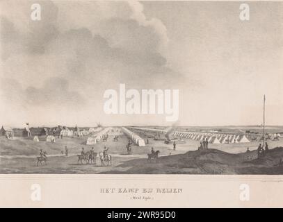 Camp militaire près de Rijen, camp près de Reijen, les tentes sont alignées en rangées, quelques maisons sur la gauche. Entre les tentes soldats à pied et à cheval., imprimeur : anonyme, imprimeur : Johannes Paulus Houtman, Utrecht, 1831 - 1843, papier, hauteur 385 mm × largeur 535 mm, impression Banque D'Images