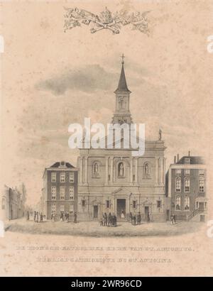 Prog Église Antoine de Padoue à la Haye, l'église catholique romaine de préparé Anthony / L'Eglise Catholique du produit Antoine (titre sur l'objet), les gens dans la rue devant l'ancien équipé Antoine de l'église de Padoue, aussi appelée église Boskant., imprimeur : inconnu, imprimeur : H.F. Soeterik, (attribution rejetée), imprimeur : A.P. van Langenhuijsen, la Haye, 1830 - 1846, papier, hauteur 291 mm × largeur 221 mm, impression Banque D'Images