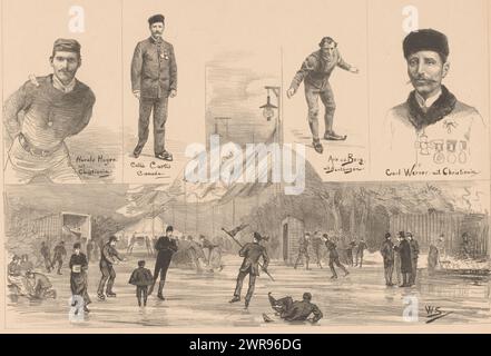 Portraits de patineurs et d'une patinoire, les hommes du métier / la patinoire de l'Amsterdam Ice Skating Club, portraits des patineurs Harald Hagen, Callie Curtis, Arie van den Berg et Carl Werner. Figures patinant sur la patinoire de l'Amsterdam Ice Club en bas., imprimeur : Willem Steelink (II), pays-Bas, en 1887 ou avant, papier, hauteur 293 mm × largeur 437 mm, impression Banque D'Images