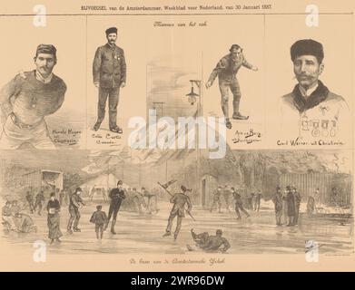 Portraits de patineurs et d'une patinoire, les hommes du métier / la patinoire de l'Amsterdam Ice Skating Club (titre sur objet), portraits des patineurs Harald Hagen, Callie Curtis, Arie van den Berg et Carl Werner. Figures patinant sur la patinoire de l'Amsterdam Ice Club en bas., imprimeur : Willem Steelink (II), imprimeur : Harms & Co. Ellerman, Amsterdam, en 1887 ou avant, papier, hauteur 298 mm × largeur 437 mm, impression Banque D'Images