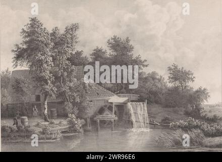 Paysage avec ferme et moulin à eau, sur la gauche une maison de meunier. Une femme se tient dans la porte, un homme est occupé avec un tonneau dans la cour. Il y a des arbres autour du mill., imprimeur : Jan Dam Steuerwald, après peinture par : Meindert Hobbema, imprimeur : Jan Dam Steuerwald, la Haye, 1833 - 1863, papier, hauteur 375 mm × largeur 495 mm, impression Banque D'Images