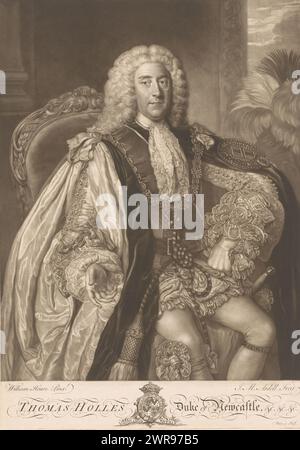 Portrait de Thomas Pelham-Holles, Thomas Holles Duc de Newcastle (titre sur l'objet), imprimeur : James McArdell, d'après peinture par : William Hoare, Londres, 1745 - 1765, papier, hauteur 388 mm × largeur 275 mm, tirage Banque D'Images