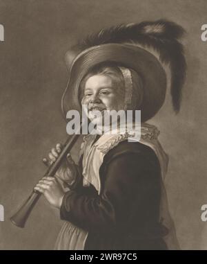 Fille souriante avec flûte, imprimeur : James McArdell, après peinture par : Jan Miense Molenaer, Londres, 1758, papier, hauteur 327 mm × largeur 226 mm, impression Banque D'Images