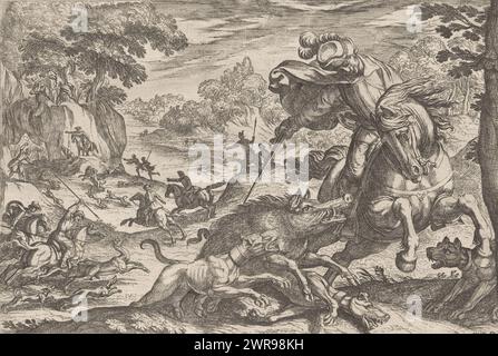 Chasse au sanglier, scènes de chasse (partie 7) (titre de la série), paysage avec des chasseurs et des chiens de chasse chassant le sanglier., imprimeur : Antonio Tempesta, Karel van Valois (hertog van Angoulême), Antonio Tempesta, Rome, 1608 et/ou 1621, papier, gravure, hauteur 203 mm × largeur 283 mm, impression Banque D'Images