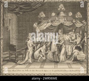 La naissance de Jacobus Frans Eduard, Prince de Galles, 1688, James Francis Eduard, Prince de Walles, par le Père Peters à la famille de la Cour pour la maternité décorée de la reine Maria Beatrix, Jacob II, épouse, montré (titre sur objet), histoire de la révolution en Angleterre 1688-1691 en 20 planches (titre de la série), la naissance de Jacobus Frans Eduard, Prince de Galles, 10 juin 1688. Debout devant le lit de maternité de la reine Mary de Modène, le père Peters tient le nouveau-né. Planche 1 dans une série de 20 planches sur la glorieuse Révolution en Angleterre dans les années 1688-1691. Banque D'Images