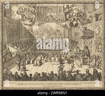 Le roi Guillaume III à une session de la Chambre des communes, 1689, histoire de la révolution en Angleterre 1688-1691 en 20 planches (titre de la série), le roi Guillaume III assis sur le trône assiste à une session de la Chambre des communes, 1689. En haut sur une robe suspendue une petite image de la Chambre des Lords entre anges avec les armoiries anglaises. Planche 10 dans une série de 20 planches sur la glorieuse Révolution en Angleterre dans les années 1688-1691., imprimeur : anonyme, après impression par : Romeyn de Hooghe, éditeur : Carel Allard, pays-Bas du Nord, 1691, papier, gravure, hauteur 256 mm × largeur 298 mm Banque D'Images