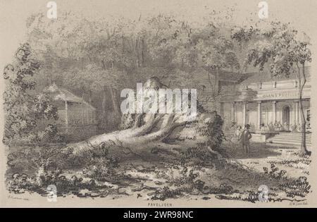 Arbre tombé près du Pavillon, après la tempête du 28 mai 1860, Paveljoen (titre sur objet), album de dix croquis lithographiés, représentant des scènes de destruction, provoquées par la tempête du 28 mai 1860 dans la 's Gravenhaagsche Bosch, à Scheveningen, etc. (titre de la série sur objet), un arbre tombé au Grand Pavillon, après la tempête. Partie de l'album avec dix lithographies en vrac dans une couverture en papier avec des représentations des dommages causés par la «tempête de Pentecôte» du 28 mai 1860 dans le Haagse Bos et les environs., imprimeur : Hendrik Wilhelmus dernier, imprimeur : Elias Spanier Banque D'Images