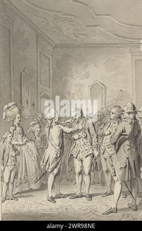 Willem V honore les héros de la bataille navale à Dogger Bank, 1781, le prince Willem V récompense le contre-amiral Johan Zoutman avec une médaille commémorative sur une chaîne d'or le 30 novembre, après sa victoire dans la bataille navale à Dogger Bank entre les flottes néerlandaises et britanniques le 5 août 1781. Dessin pour un tirage., dessinateur : Jacobus Buys, (signé par l'artiste), pays-Bas du Nord, 1786 - 1788, papier, stylo, pinceau, hauteur 142 mm × largeur 91 mm, dessin Banque D'Images